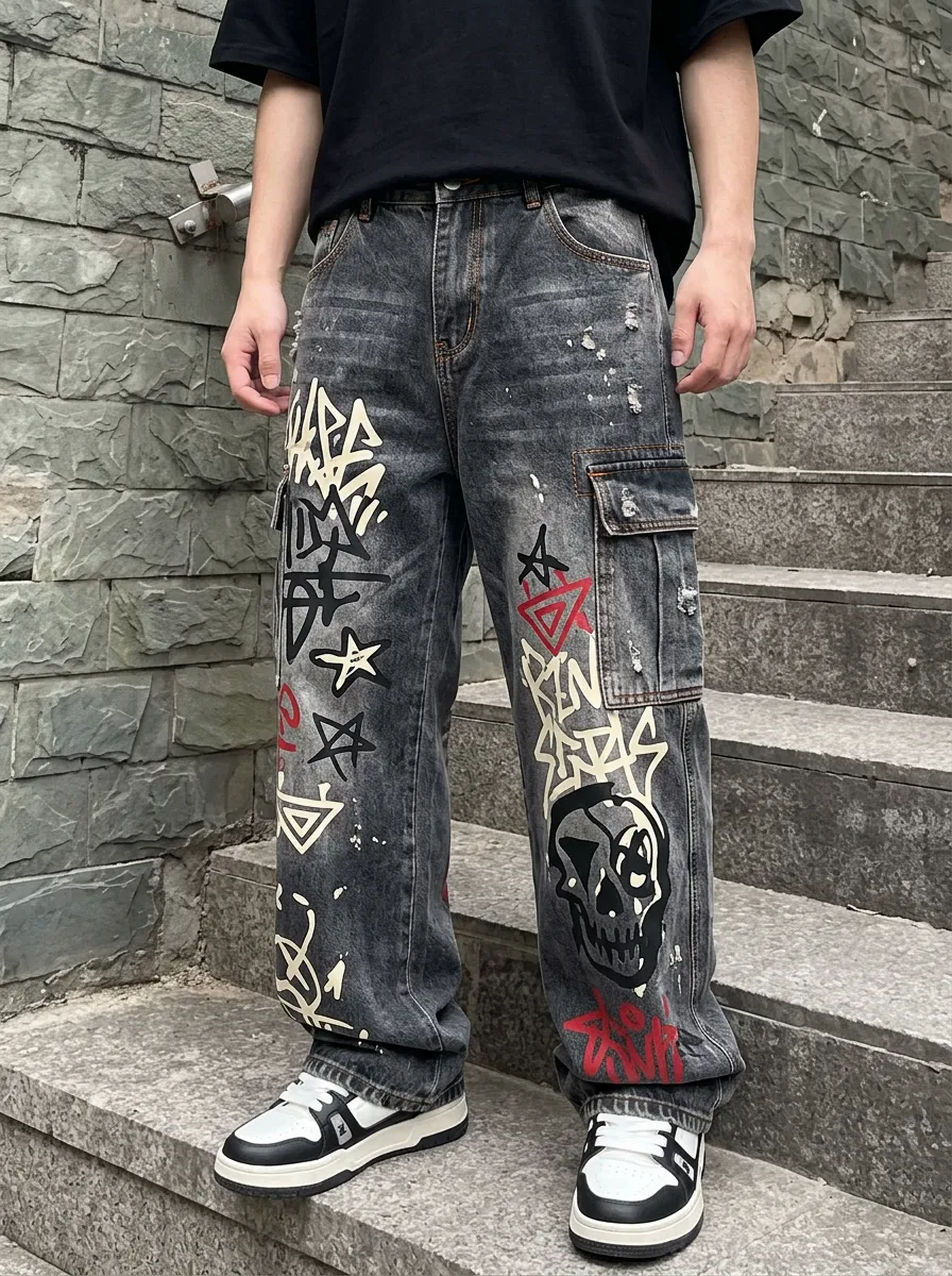 Unisex Streetwear Graffiti Skull Cargo Jeans
