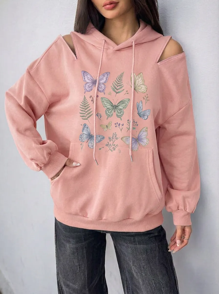 Women's Butterfly Botanical Nature Printed Cold Shoulder Hoodie