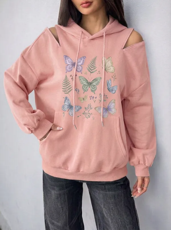 Women's Butterfly Botanical Nature Printed Cold Shoulder Hoodie