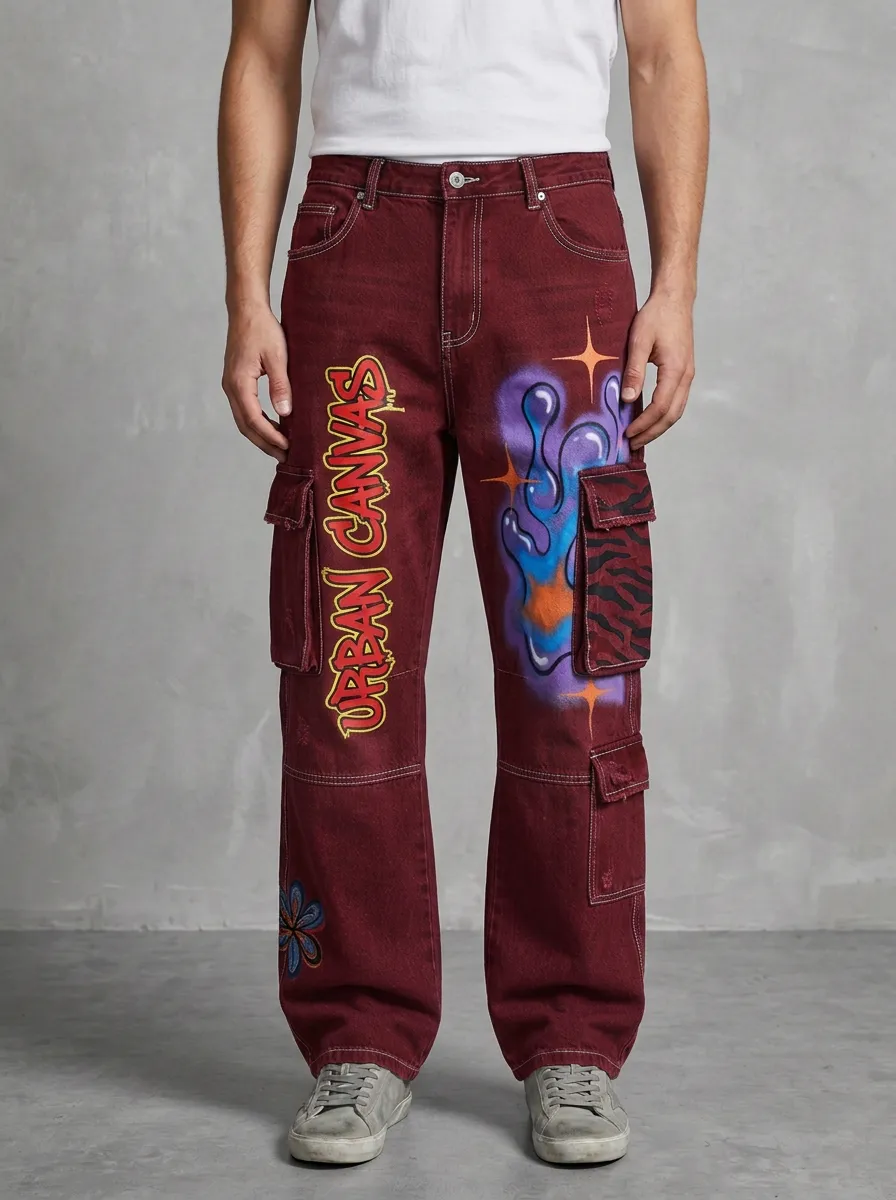 Men's Urban Canvas Graffiti Tiger Stripe Graphic Cargo Jeans