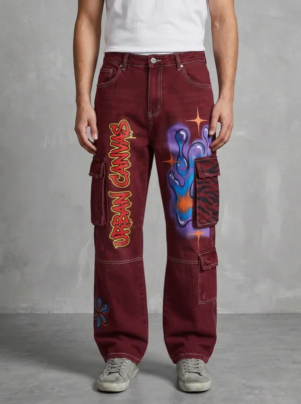 Men's Urban Canvas Graffiti Tiger Stripe Graphic Cargo Jeans