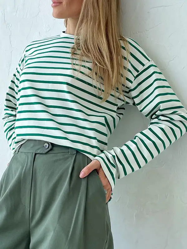 Long Sleeve Relaxed Stripe Round Neck T-Shirt