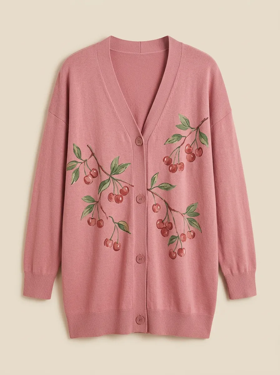 Women's V-Neck Graphic-Print Rib-Trim Cardigan