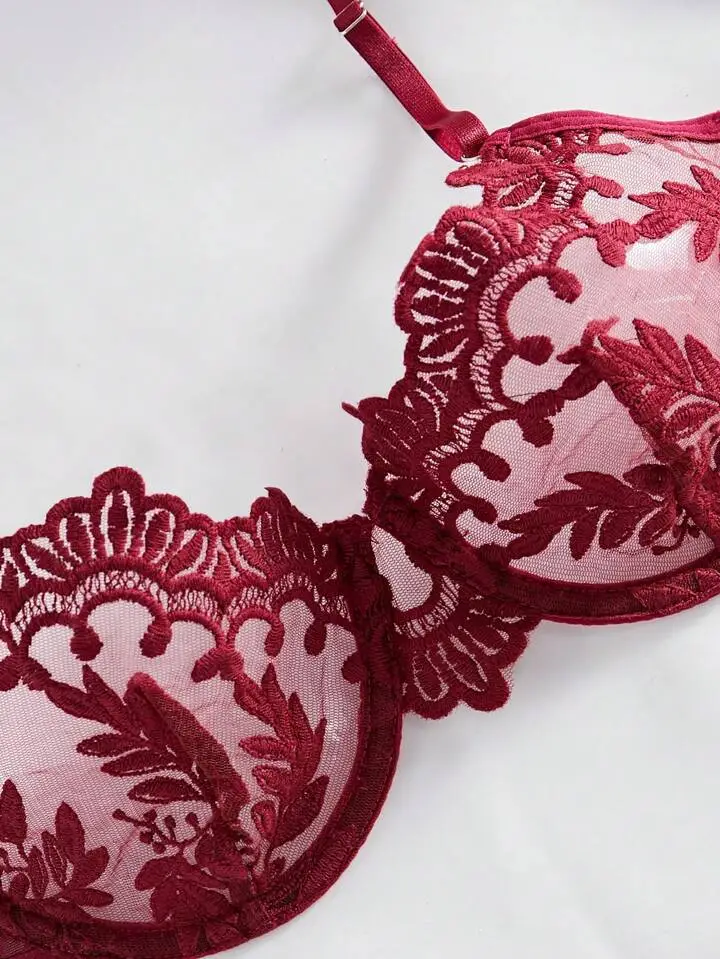 Embroidered Mesh Sheer Lingerie Set