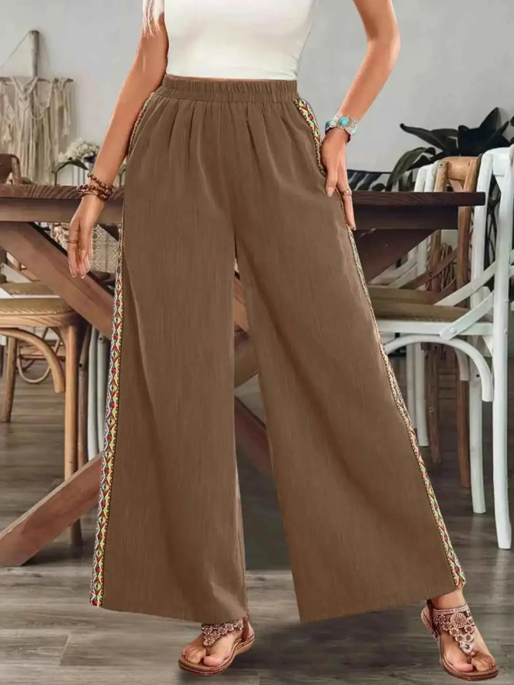 Bohemian Wide-Leg Embroidered Side Stripe Pants