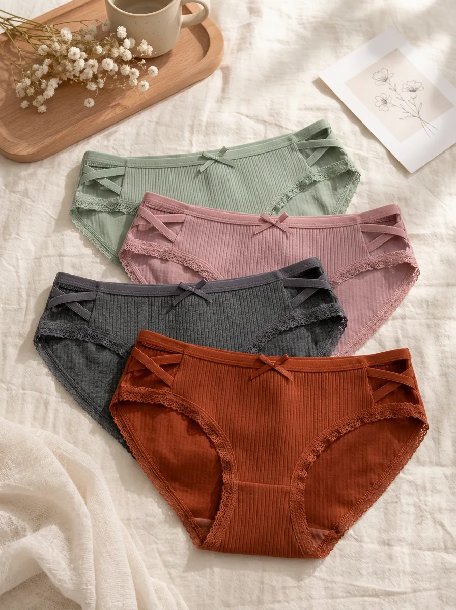 Women's Ribbed Lace Trim Bowknot Crisscross 4-Pack Panties
