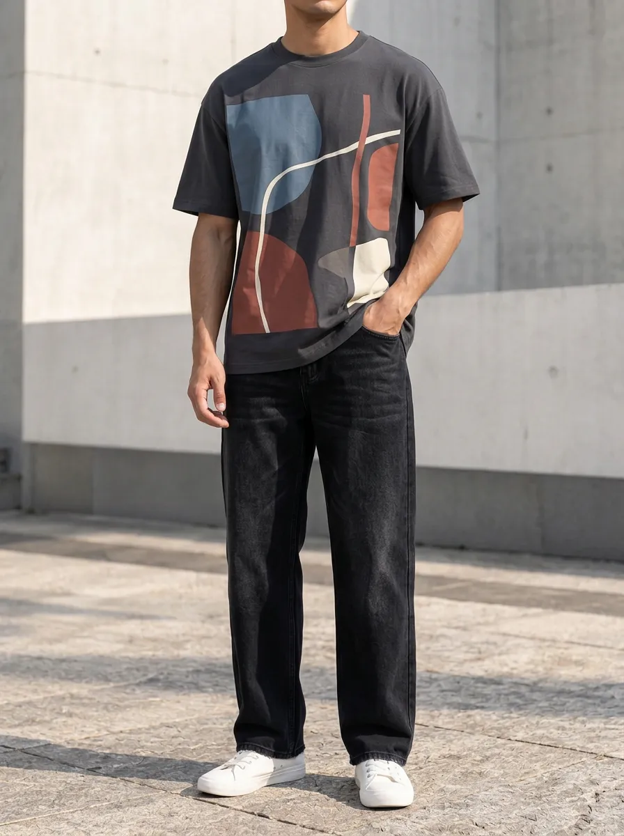 Men's Modern Abstract Geometric Printed T-Shirt and Jeans Set