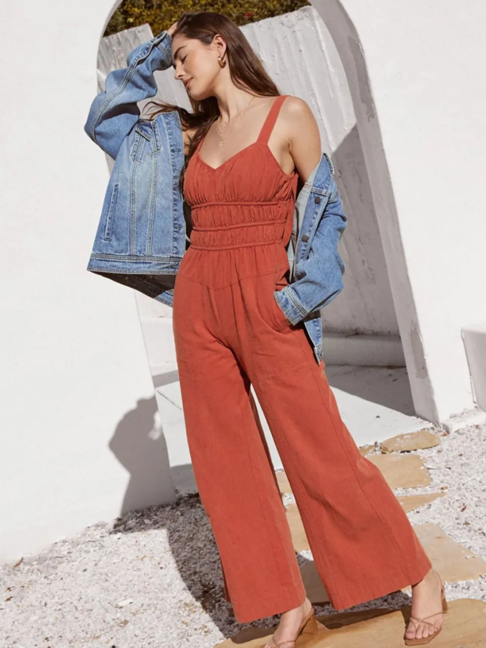 Ruched Wide Strap Jumpsuit With Pockets