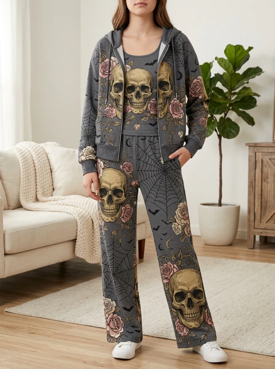 Women's Halloween Gothic Skull Rose Printed Hoodie Tank Pants Set