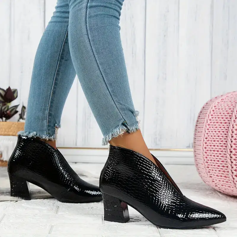 Textured Ankle Boots Curved Cut Mid Block Heel