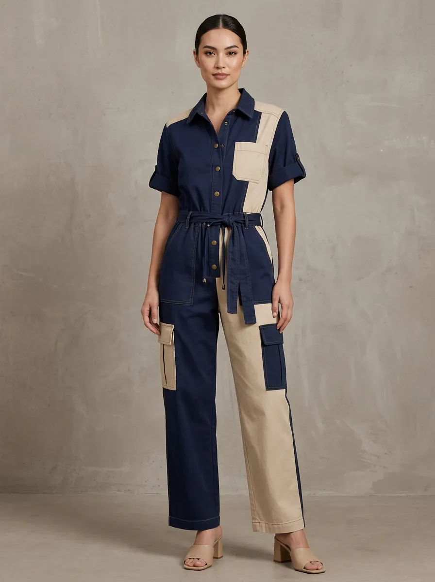 Women's Casual Navy Beige Colorblock Utility Jumpsuit