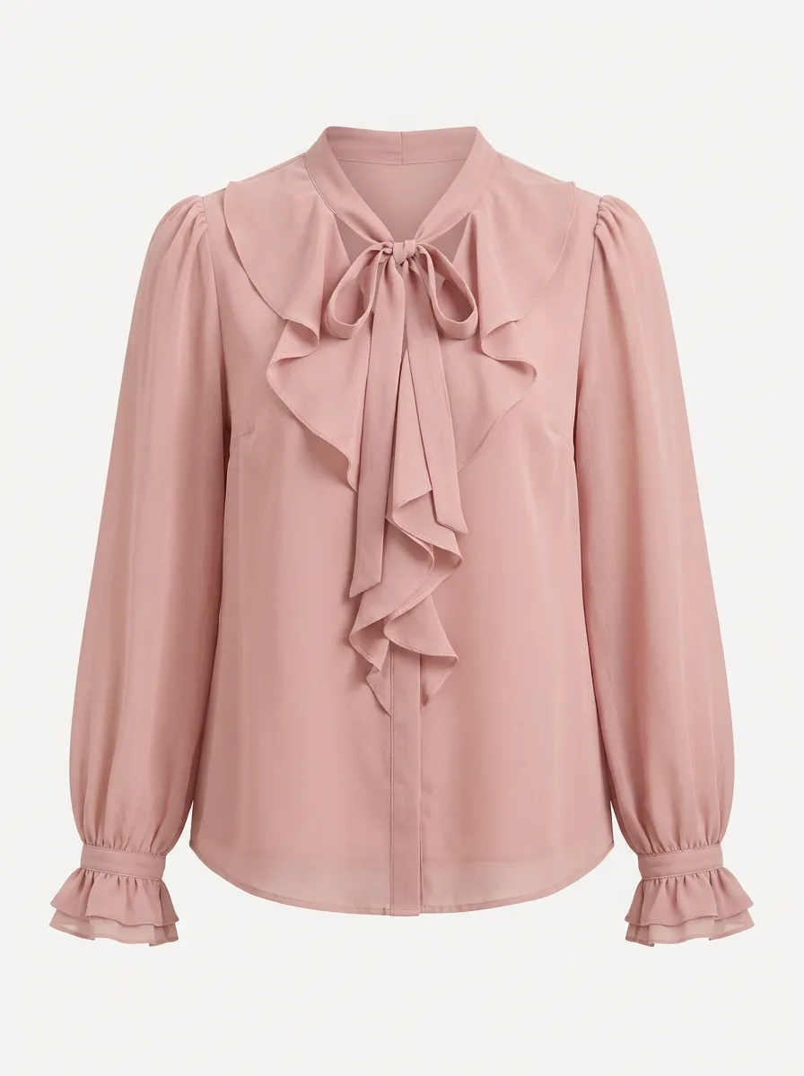 Women's Pink Ruffle Bow Tie Long Sleeve Chiffon Blouse Top