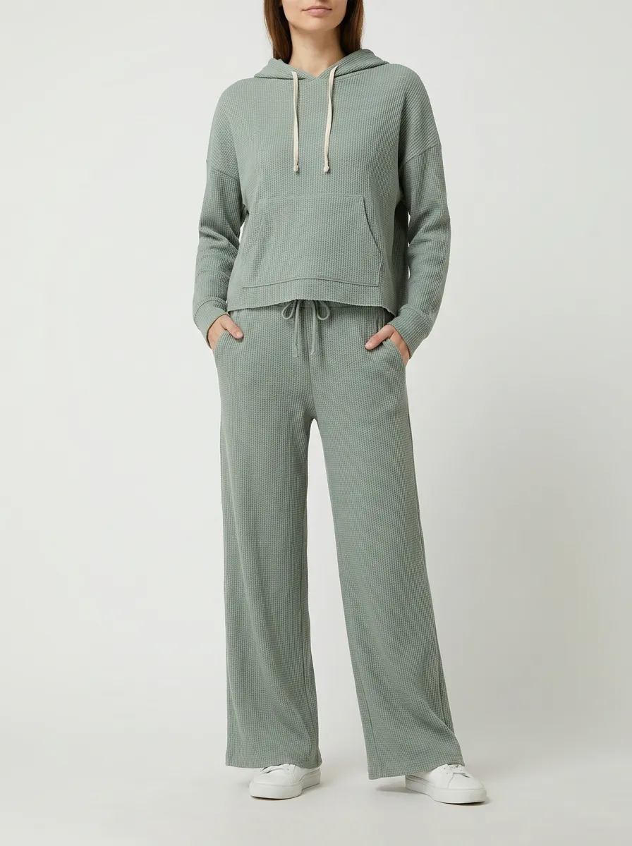 Women's Waffle Knit Hooded Wide-Leg Lounge Set