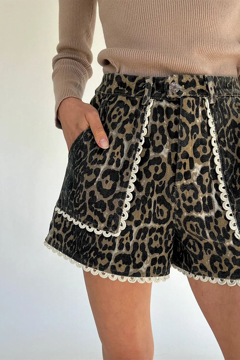 Scalloped Lace-Trim Denim Shorts