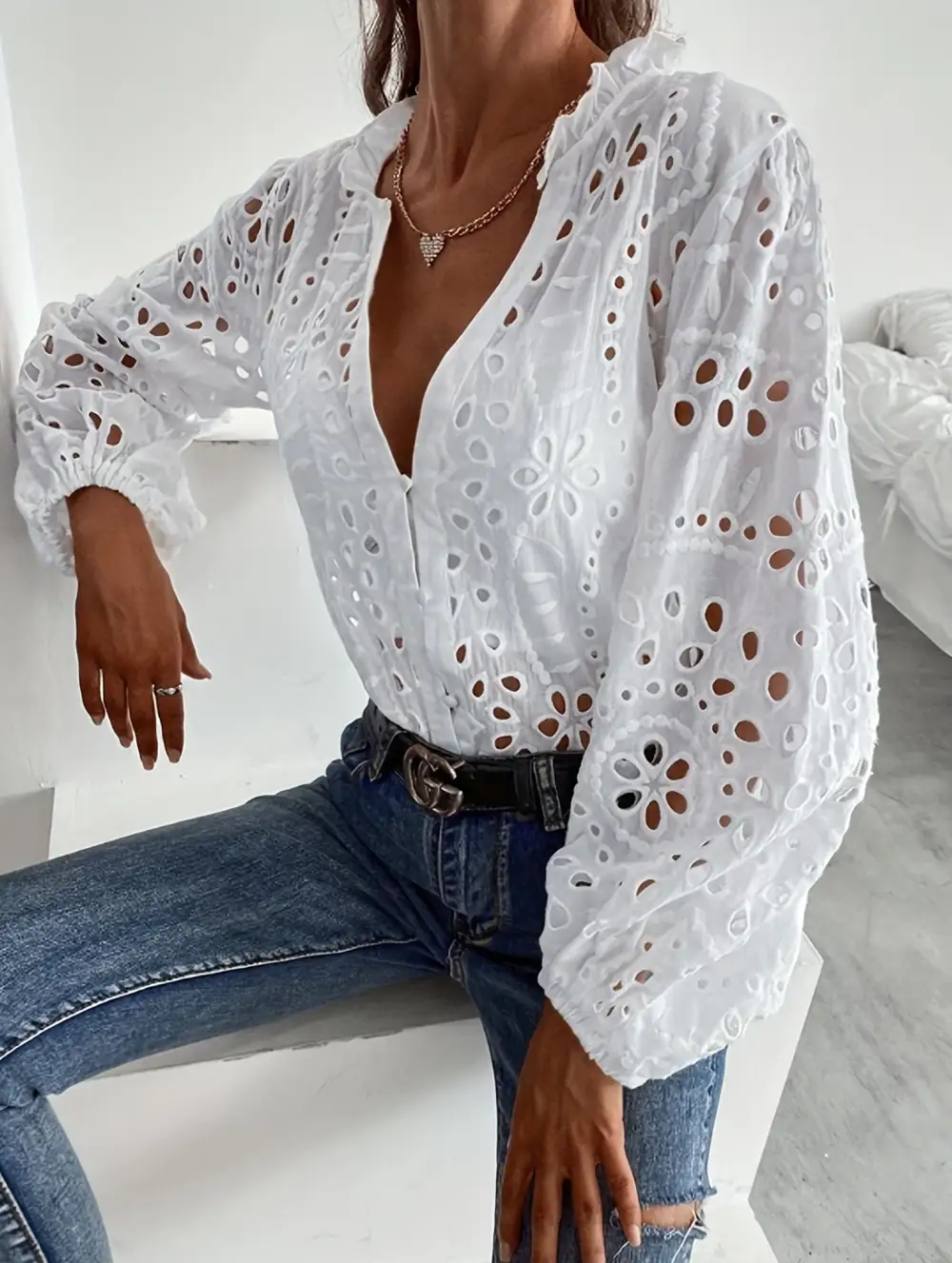 Button Down Eyelet Detail Blouse