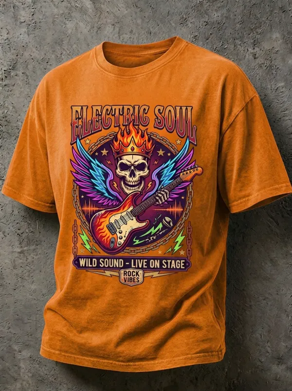 Unisex Rock Music Lover Flaming Skull Guitar Printed T-shirt