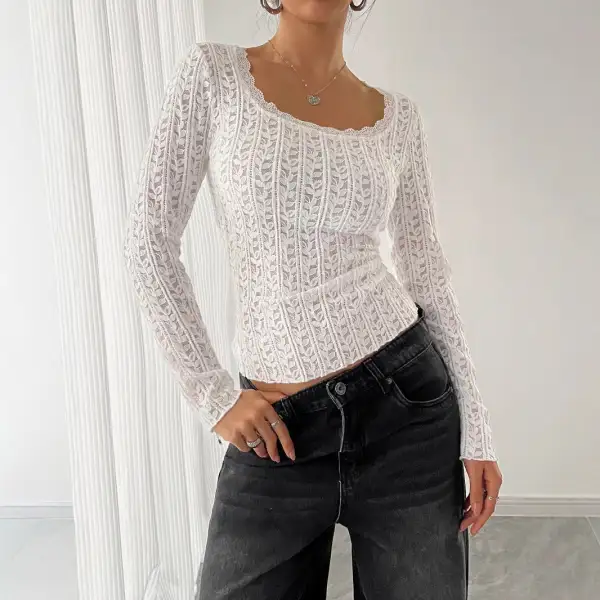 Lace Trim U Neck Blouse