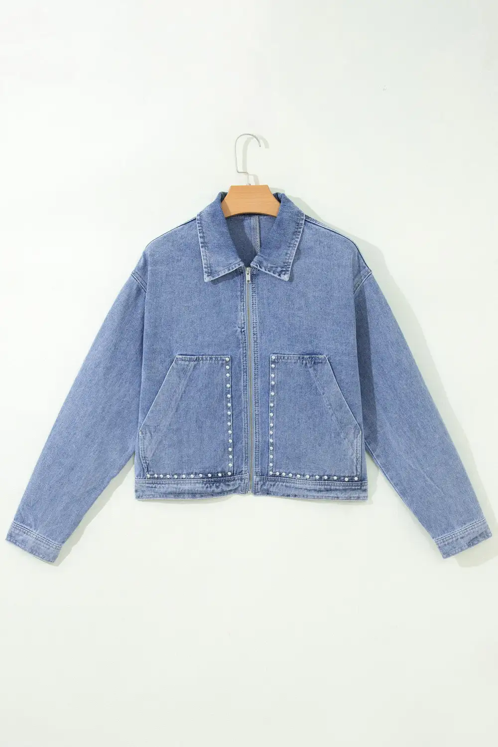 Women's Studded Metal Zipper Rivet Pockets Long Sleeve Denim Jacket