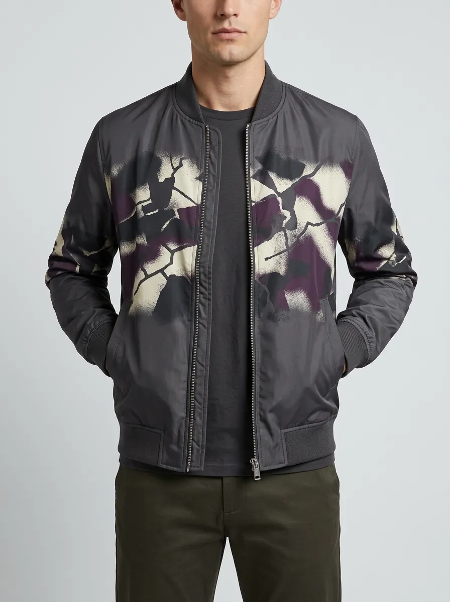 Men's Streetwear Abstract Camo Cracked Pattern Printed Bomber Jacket