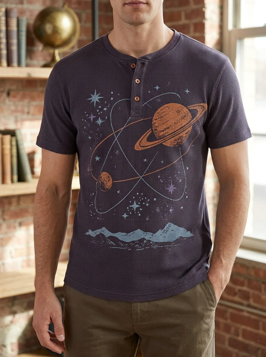 Men's Casual Space Astronomy Planet Mountain Henley T-Shirt