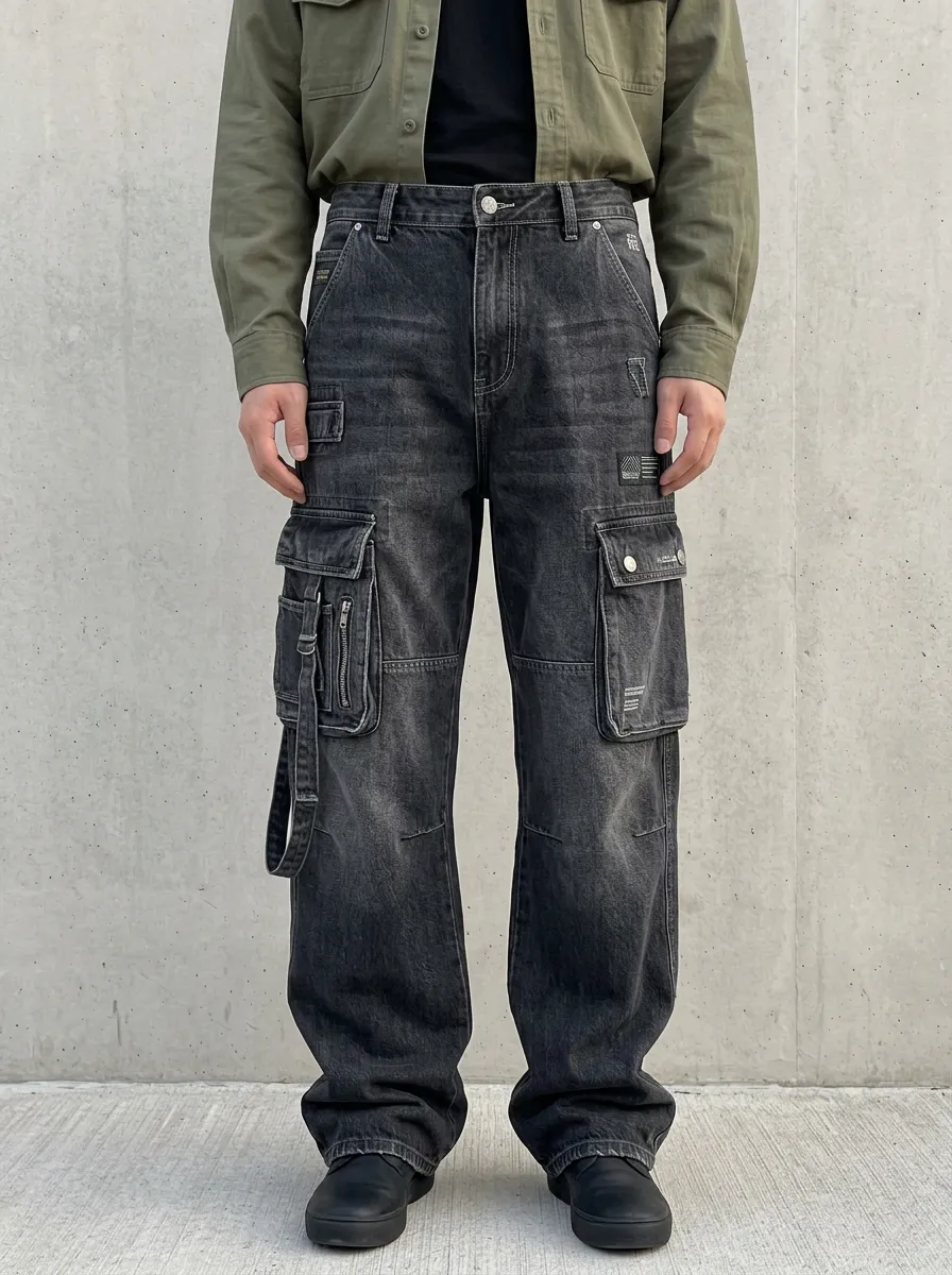 Men's Washed Black Multi-Pocket Strap Detail Cargo Pants