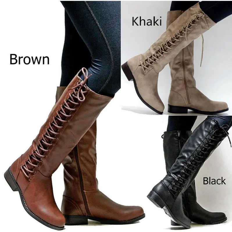 Knee-High Zipper Boots Side Lace-Up