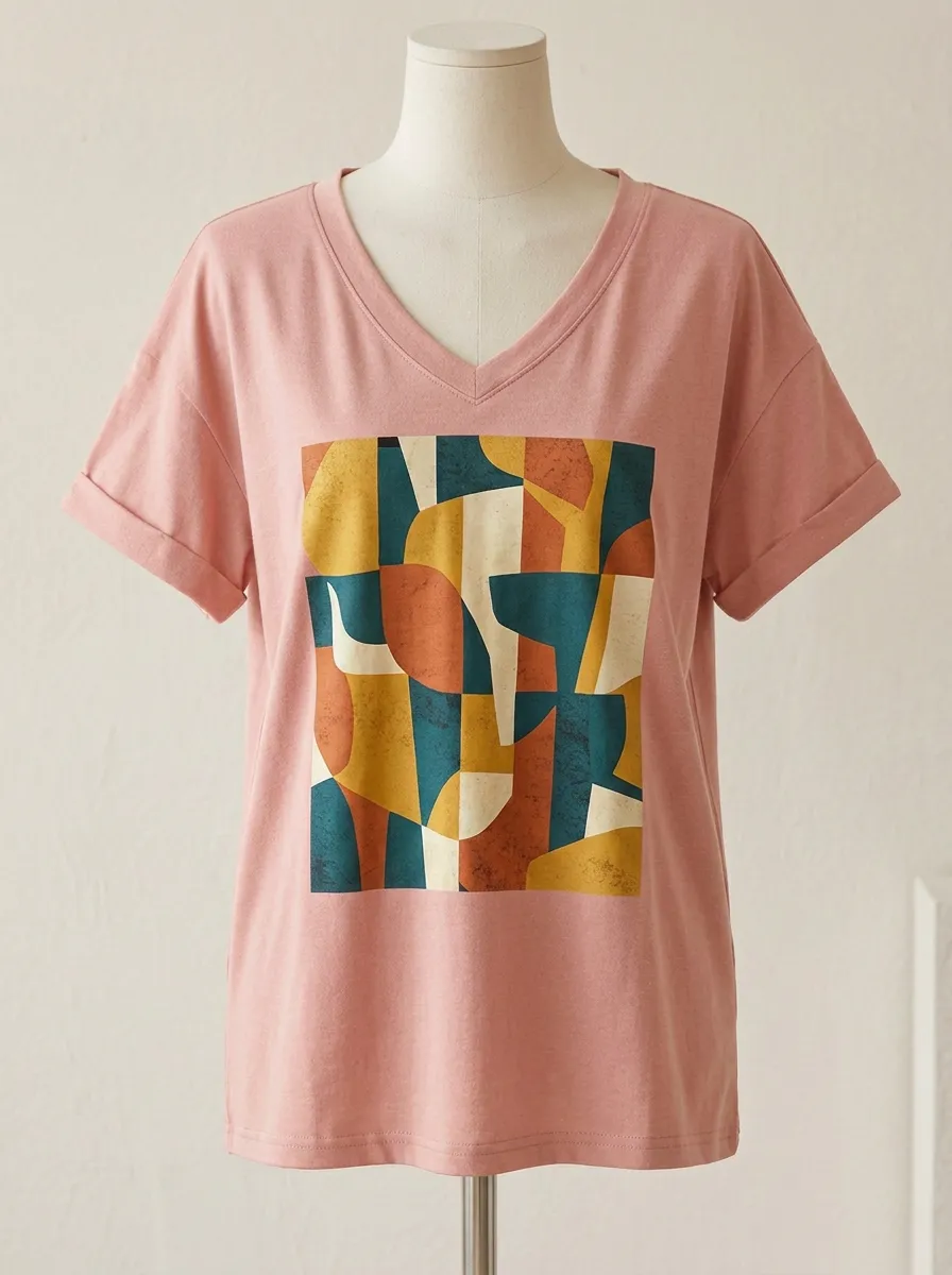 Women's Abstract Art Geometric Pattern Printed V-Neck T-Shirt