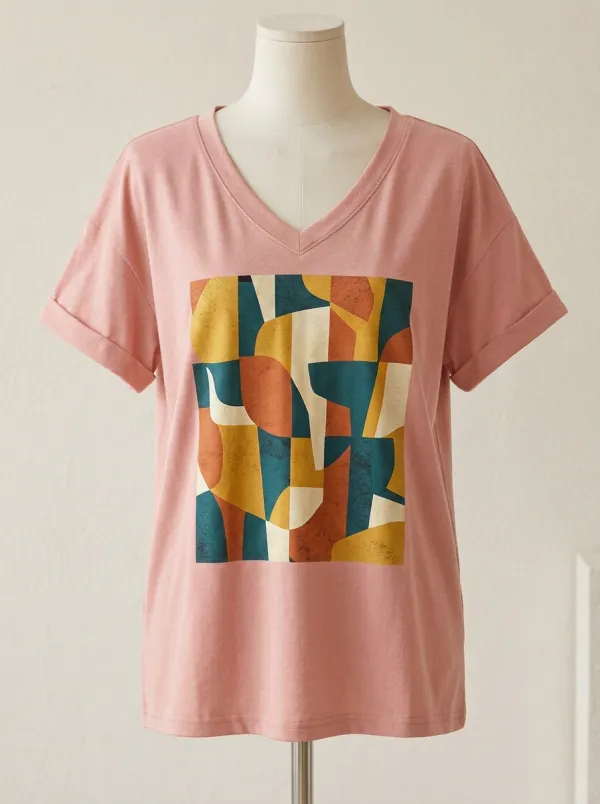 Women's Abstract Art Geometric Pattern Printed V-Neck T-Shirt