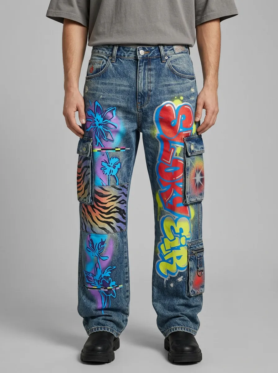 Men's Streetwear Graffiti Floral Zebra Street Art Cargo Jeans