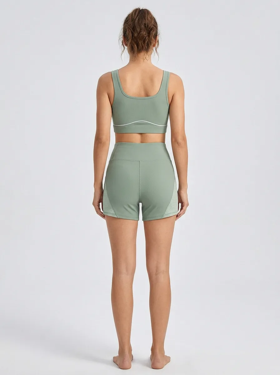 Practical Ribbed Texture Houndstooth Pattern Set Women's Tank Top And Sports Shorts Set