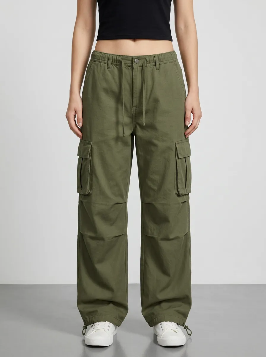 Women's Mid-Rise Elastic-Waist Drawstring Utility Cargo Pants