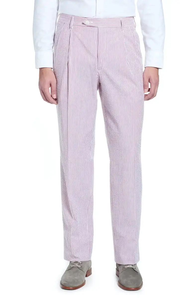 Modern Seersucker Pleated Front Regular Rise Relaxed Fit Trousers