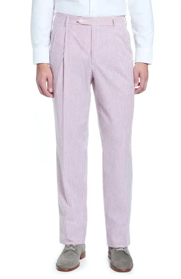 Modern Seersucker Pleated Front Regular Rise Relaxed Fit Trousers