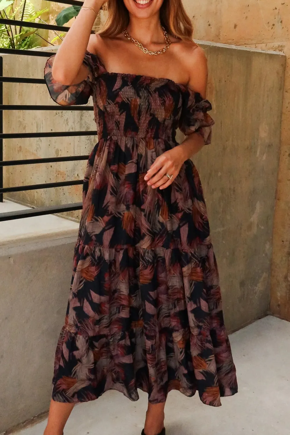 Tiered Print Off Shoulder Midi Dress
