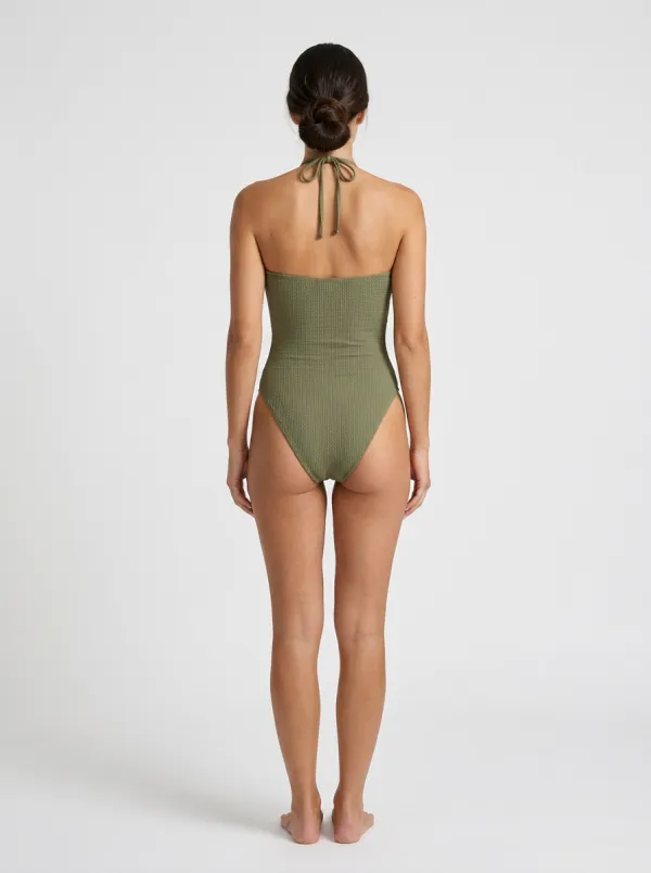 Women's Olive Green Textured O-Ring Cutout Halter Swimsuit