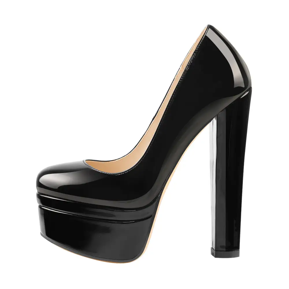 Modern Patent Finish Pointed Toe Platform Chunky Heel Pumps
