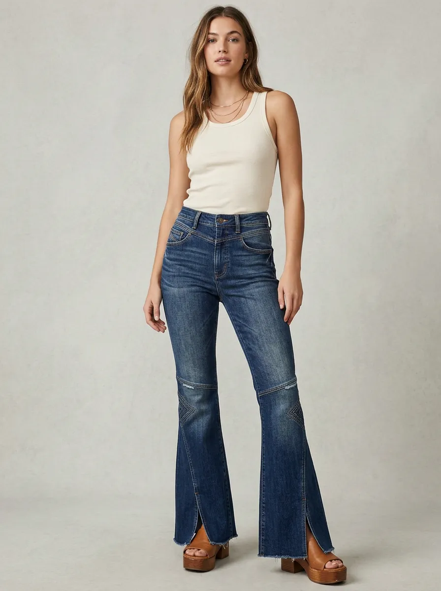 Women's Vintage Style High-Waisted Embroidered Split Hem Denim Pants