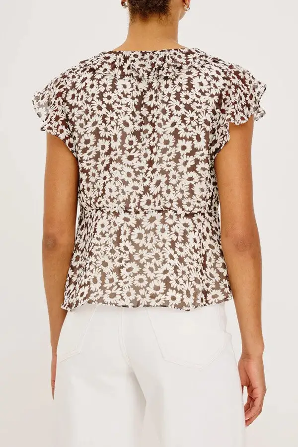 Brown Floral Print Ruffle Sleeve V-Neck Top
