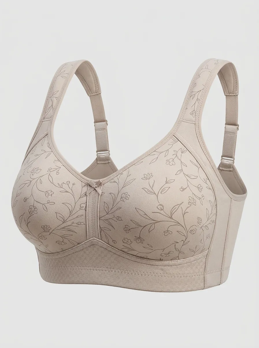Women's Plus Size Beige Floral Outline Full-Coverage Bow-Detail Wireless Bra