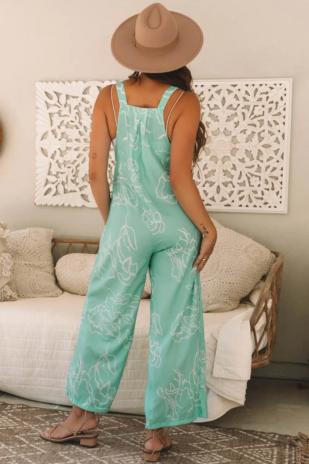 Printed Bib Wide Leg Overall Jumpsuit