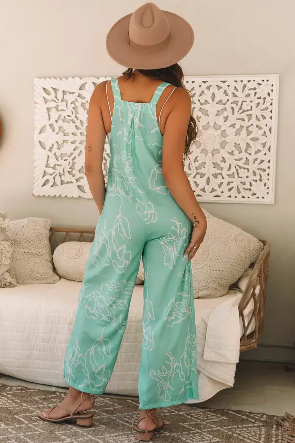 Printed Bib Wide Leg Overall Jumpsuit