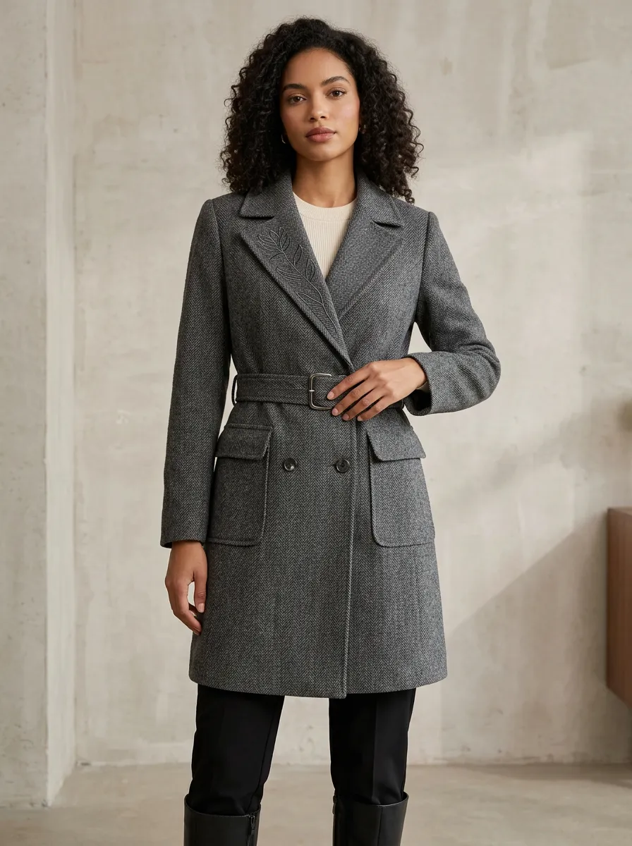 Women's Leaf Embroidered Herringbone Belted Coat