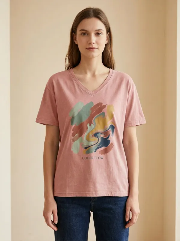 Women's Abstract Art Color Flow Printed V-Neck T-Shirt
