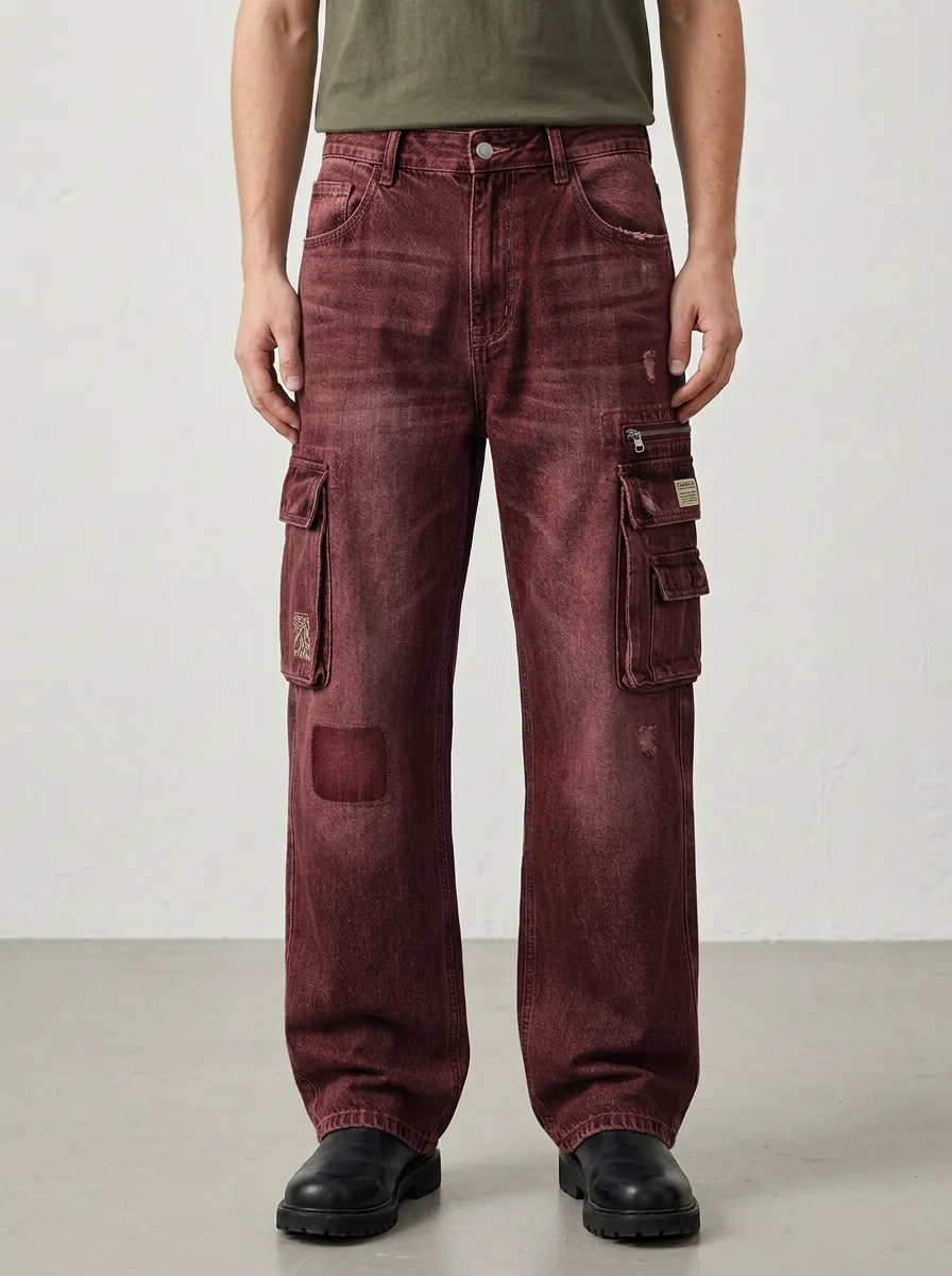 Men's Distressed Patchwork Multi-Pocket Denim Cargo Jeans