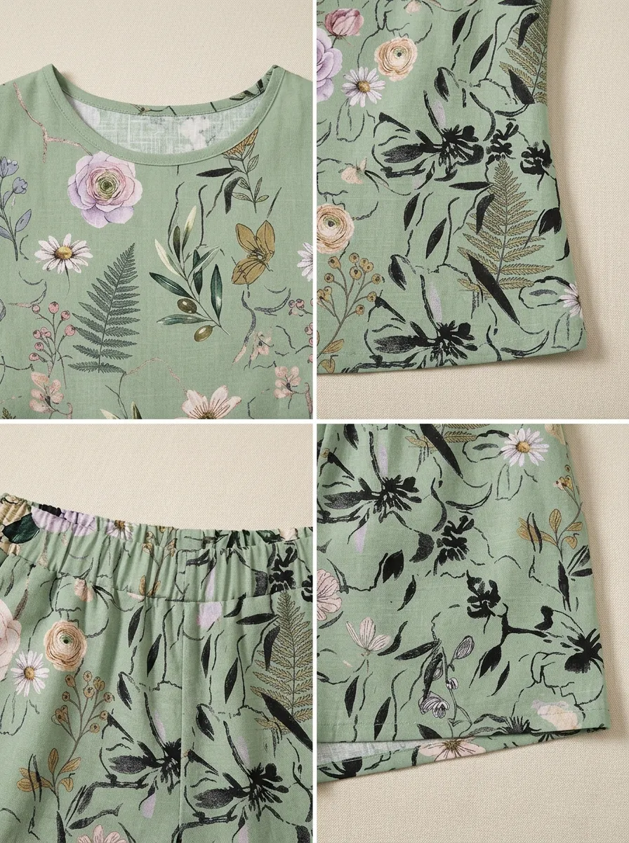 Women's Botanical Floral Sage Green Printed Sleeveless Shorts Set