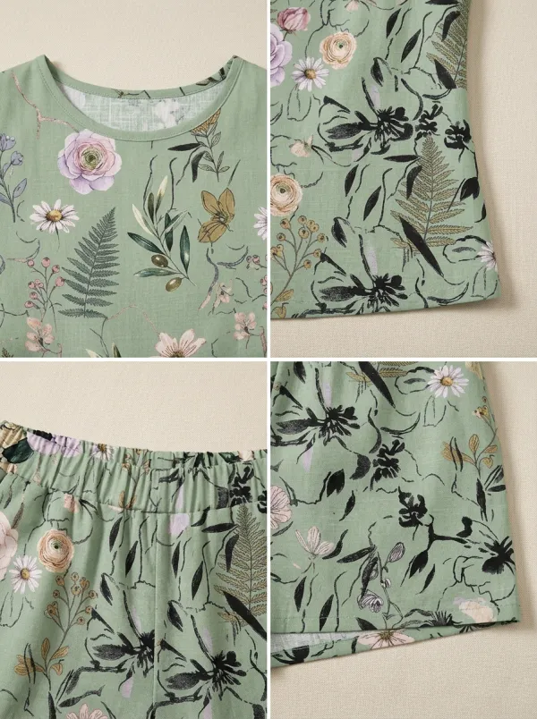 Women's Botanical Floral Sage Green Printed Sleeveless Shorts Set