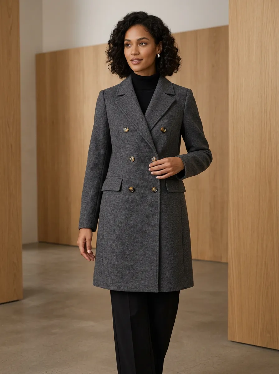 Women's Classic Smart-Casual Gray Double-Breasted Wool Blend Coat