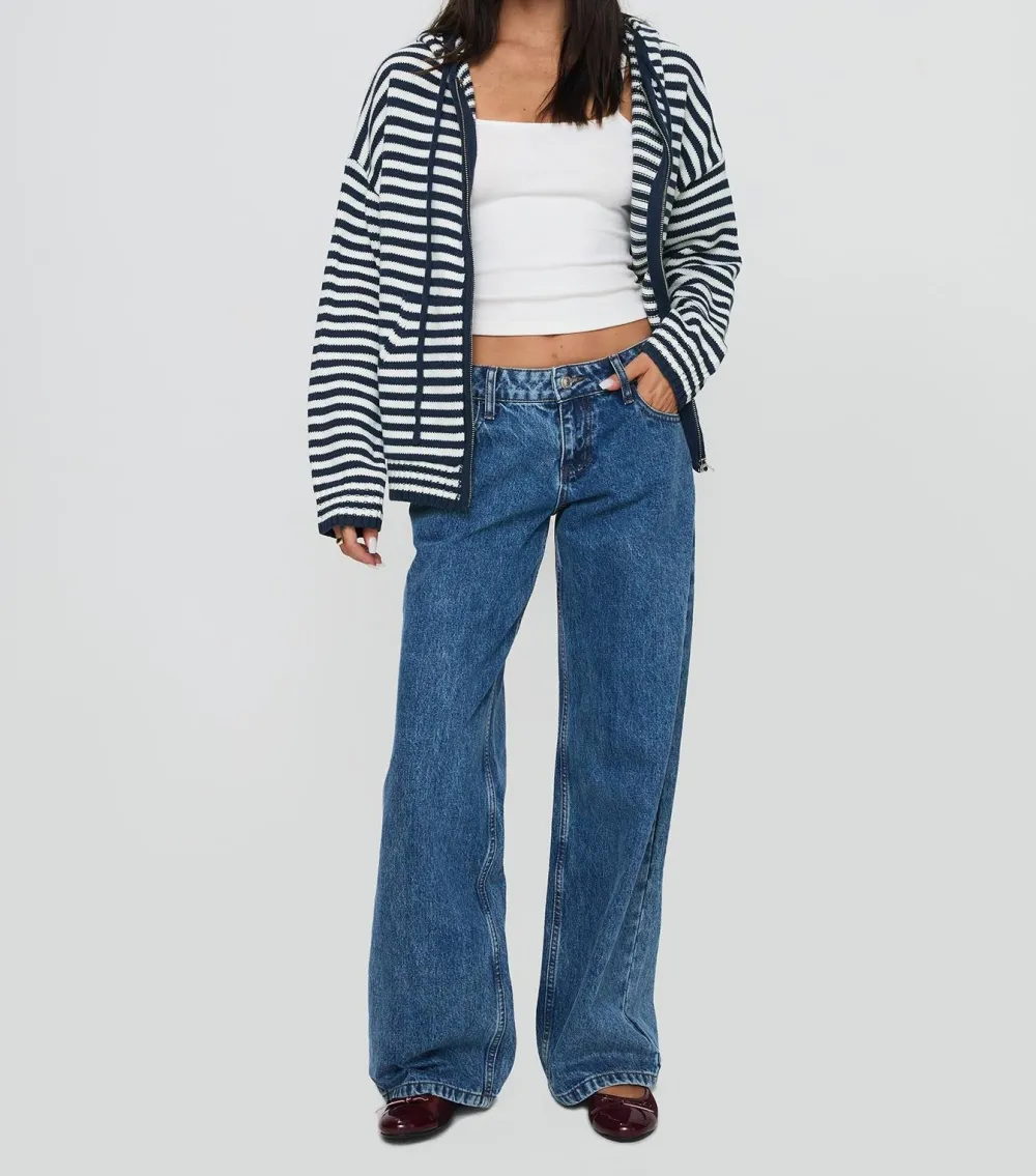 Navy Striped Hooded Zip Jacket