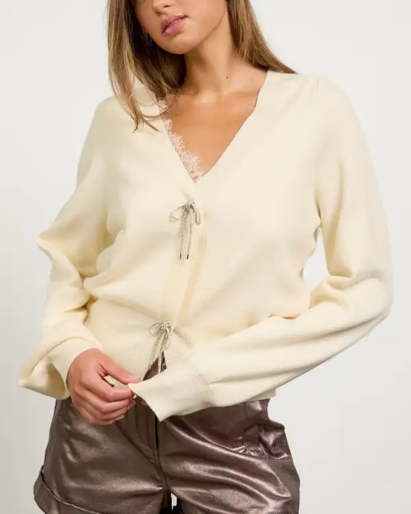 Ribbon Trim Puff Sleeve Cardigan