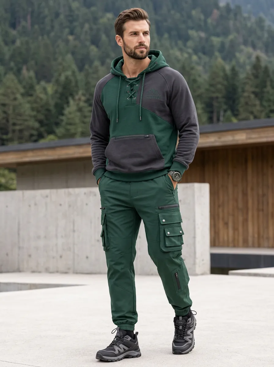 Daily Lace-Up Mountain Graphic Casual Look Men's Lace Up Hoodie And Cargo Jogger Set